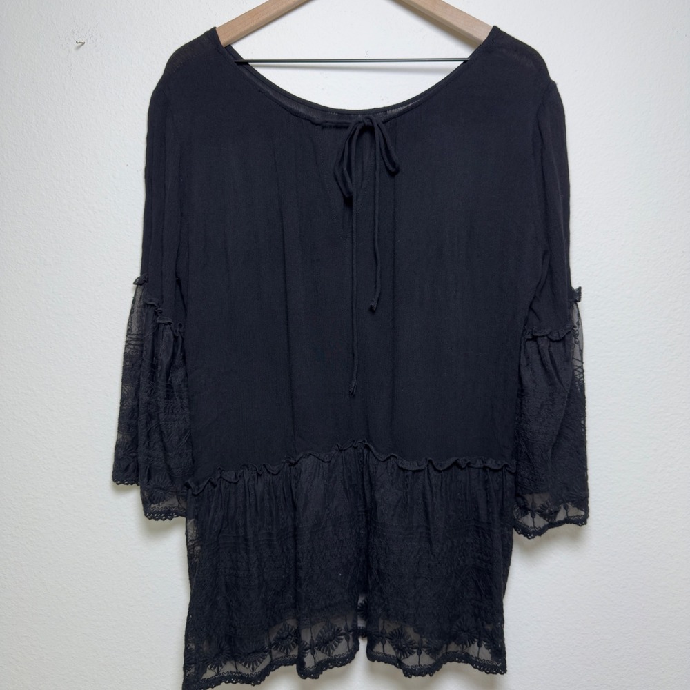 Easel Women Cotton Whimsigoth Fairy Grunge Top‎ Black Lace Bell Sleeve Peasant